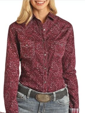 EUC Panhandle Slim Rough Stock Burgundy Retro Long Sleeve Western Snap Shirt